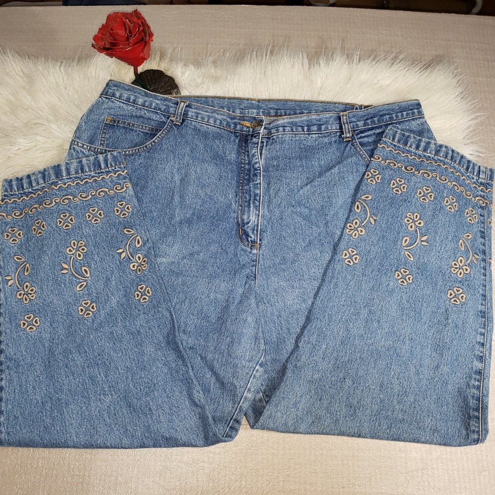 Embroidered Jeans side elastic Plus Size Waist 44"